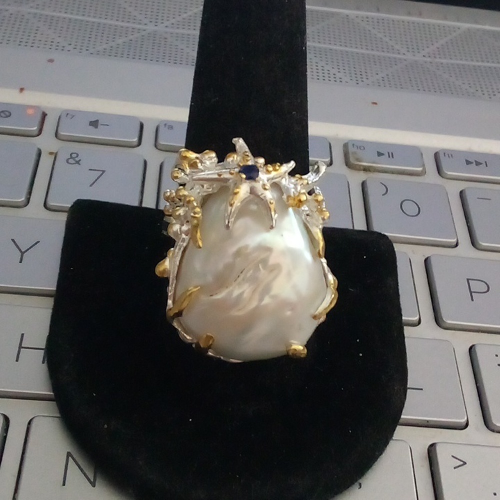 Gold-Tone Baroque Pearl Ring with Blue Accent